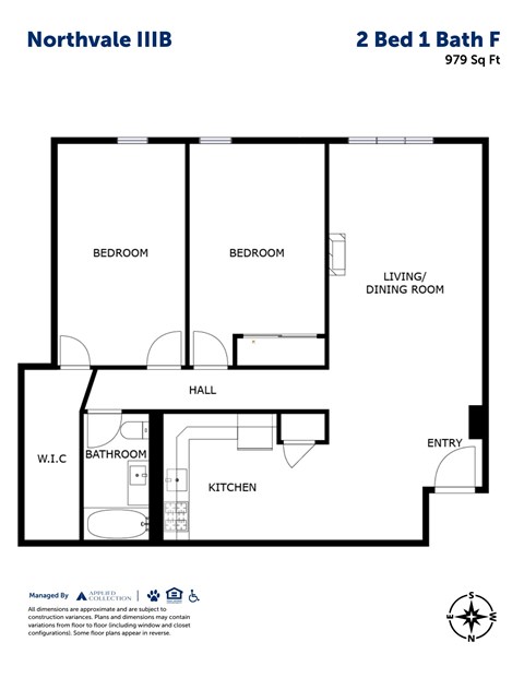 Floor plan for 2 beds, 1 bath, 979 sqft